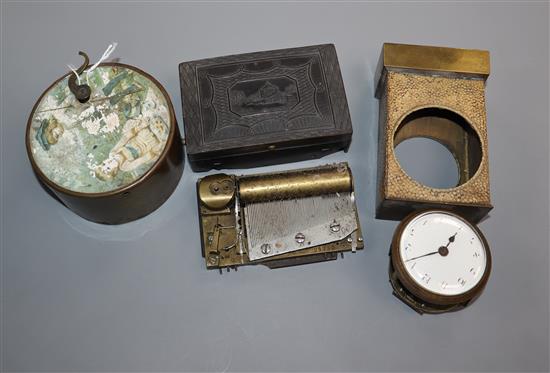 A musical box (a.f.), a circular wind-up musical box and two other items